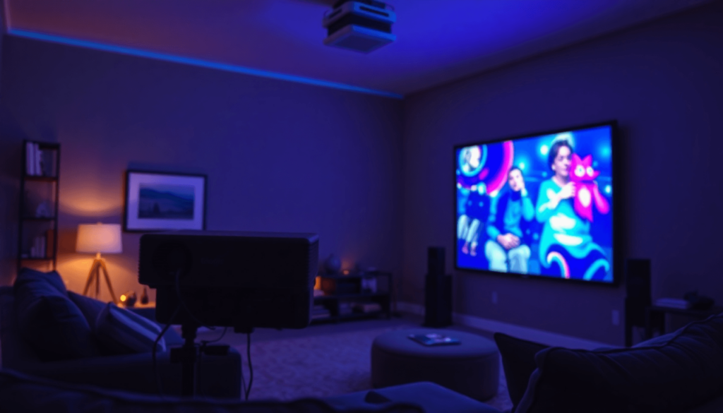 A cozy home theater with a modern projector illuminating a large screen, showcasing vibrant images. The dim lighting enhances the inviting atmosphe...